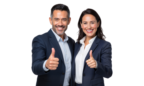 Happy business colleagues, a man and a woman, giving thumbs up, isolated on transparent background