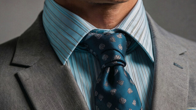 A close-up captures a distinguished man impeccably attired, showcasing the subtle elegance of a finely tailored suit, accented by a striking patterned tie. The crispness of the details.