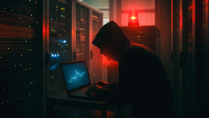 A hooded figure delves into the digital world. A chilling image of a hacker, hunched over a glowing laptop in a dark server room, is highlighted by an ominous red light.