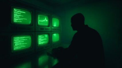 A mysterious figure diligently works in a dimly lit control room. The glow of multiple monitors illuminates the space, displaying lines of code and data visualizations.
