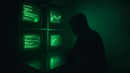 A hooded figure immersed in the digital realm, surrounded by a matrix of monitors displaying complex code and data visualizations, evoking a sense of mystery and technological prowess.