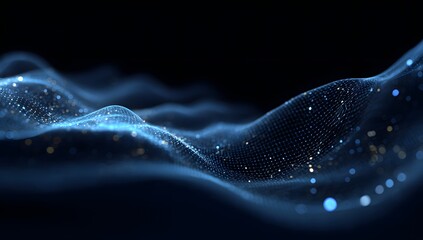Abstract flowing luminous blue wave pattern with glowing particles and digital data streams against a dark background representing technology and science