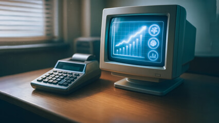 Retro desk setup showcasing a vintage monitor displaying a financial growth chart alongside an old calculator, a nostalgic symbol of early technological and financial systems.