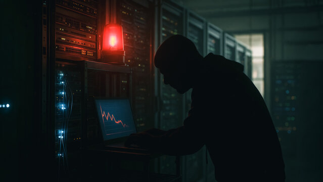 A person, silhouetted against a backdrop of a digital data center, concentrates intently on a laptop screen, its light reflecting off the machine's metal frame.