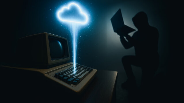 An atmospheric composition featuring a luminous cloud symbol, connecting a vintage computer to a laptop held by a shadowy figure, symbolizing the digital age, cybersecurity and technology . - Powered by Adobe