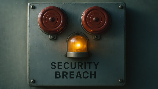 A detailed, close-up view of a metallic security control panel, prominently displaying the words Security Breach with an illuminating amber light, indicating a critical alert.