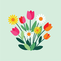 Colorful bouquet of tulips and daisies blooming in a garden against a light green backdrop, creating a cheerful and vibrant floral arrangement.