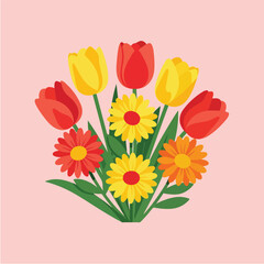Colorful bouquet of tulips and daisies arranged on a soft pink surface creating a cheerful and vibrant spring arrangement.