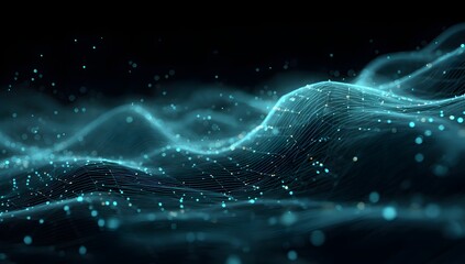Abstract glowing digital waves of turquoise light particles and geometric shapes shimmering in a dark futuristic technological environment with a sense of data flow and connectivity
