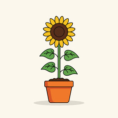 Sunflower growing in a terracotta pot, symbolizing summer and happiness with its bright yellow petals against a soft, neutral backdrop, creating a cheerful and simple botanical art piece.