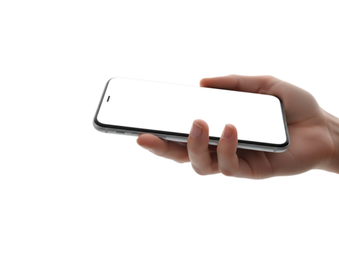 Hand holding a modern smartphone with a blank screen isolated on transparent background