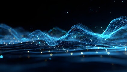 Abstract digital landscape with glowing blue waves and shimmering particles representing data flow and futuristic technology in a dark environment