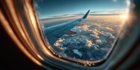 Fototapeta premium Breathtaking Sunset View from Airplane Window Over Mountains and Clouds at Golden Hour