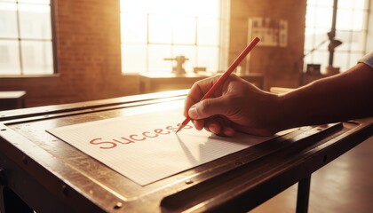 The Path to Success: A person's hand meticulously crafts the word Success on a crisp sheet, hinting at the meticulous planning and dedicated effort that pave the way for achievements.