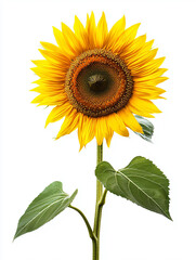 Fototapeta premium Vibrant Single Sunflower with Bright Yellow Petals and Green Leaves