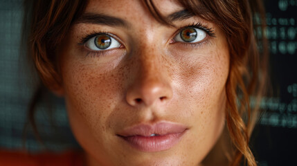 Fototapeta premium Serene Gaze: A Portrait of Natural Beauty: The close-up shot features a woman with a warm expression and charming freckles, her eyes reflecting an inviting and gentle aura.