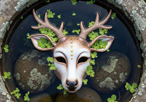 Ethereal deer mask floats serenely in water garden with lush green clover accents