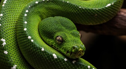 Fototapeta premium Emerald Serpent's Gaze: An exquisite close-up showcases the striking beauty of an emerald green serpent.