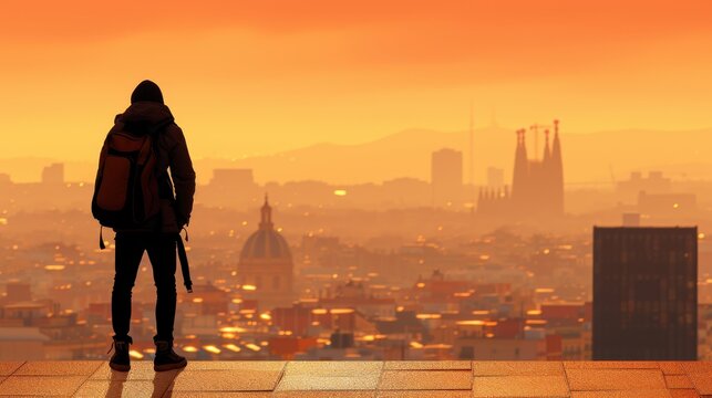 Urban Silhouette at Sunset: A solitary figure gazes upon a cityscape bathed in the warm hues of a setting sun, embodying the spirit of exploration and contemplation.