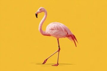 Obraz premium Realistic pink flamingo walking gracefully across a vibrant yellow background showcasing its elegant posture and feathers in natural surroundings