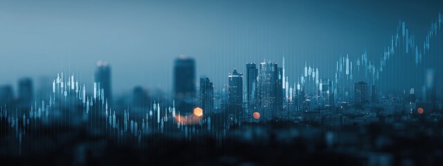 City skyline with financial data overlay representing stock market trends and economic growth. Banner, copy space