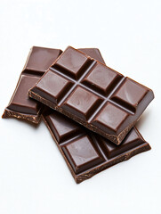 Dark chocolate bars stacked on a white background, rich texture