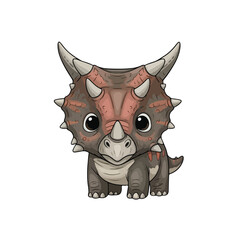 Cute baby styracosaurus standing and looking forward with big eyes on a white backdrop, showcasing its small horns and frill in a playful, charming style.