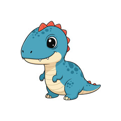 Cute blue dinosaur standing playfully on white background with bright colors and friendly expression, creating a cheerful and inviting atmosphere.