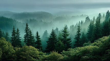 Obraz premium Serene Mountain Forest Landscape with Mist and Greenery Ambiance Image. Ai Generated Images