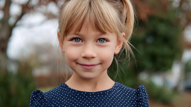 A happy smiling little girl with brown eyes and blonde hair in a ponytail in a garden background. Children's background illustration.