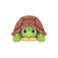 Cute turtle smiles sweetly with its big eyes and brown shell, sitting patiently on a white surface, radiating calm and gentle charm.