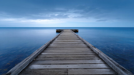 Obraz premium Wide Angle Photograph of an Old Pier Extending Into Calm Waters Under Overcast Sky with Soft Light and Tranquil Ambiance