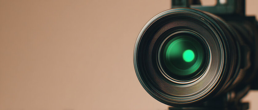 Video camera lens on a cream background with copy space for text. Illustration of a photo and videography banner background.