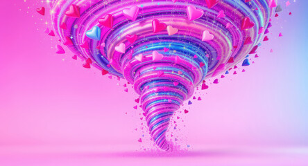 Colorful streamer tornado with metallic hearts and stars swirling in vibrant pink and blue gradient background, creating joyful atmosphere