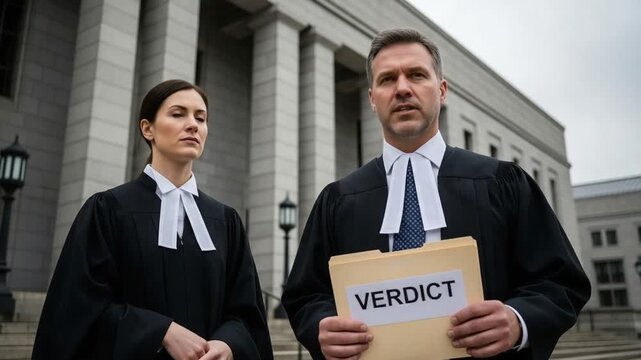 lawyers with verdict folder outside courthouse