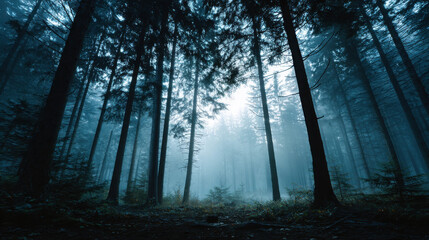 Fototapeta premium Wide Angle Shot of a Serene Forest Illuminated by Faint Dusk Light, Enveloped in Mystical Fog and Shadowy Trees