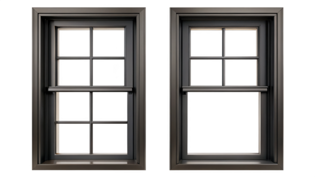 Two black window isolated on transparent background, one open and one closed