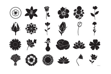 24 Flower Silhouette Vector Bundle. Black Botanical Clipart