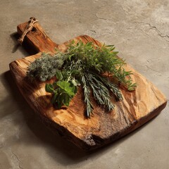 Fresh Culinary Herbs Displayed on Rustic Wooden Cutting Board