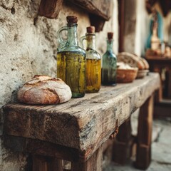 Rustic Wooden Table with Glass Bottles and Fresh Bread Display