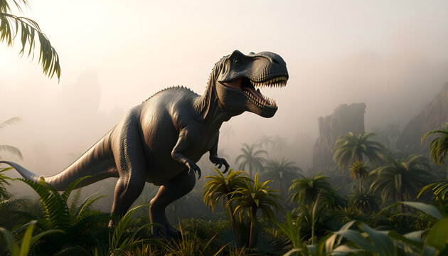 Tyrannosaurus rex roaring in prehistoric jungle, dynamic pose and misty morning light. - Powered by Adobe