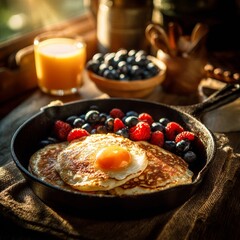 Delicious Breakfast Spread with Eggs, Berries, and Fresh Juice