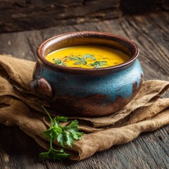 Creamy Pumpkin Soup in Rustic Bowl with Fresh Herbs and Texture