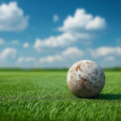 Close-Up of a Single Weathered Ball on Vibrant Green Grass Field