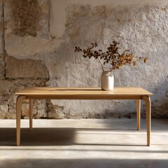 Minimalist Wooden Table with Plant Decor in Modern Interior Setting