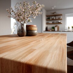 Elegant Wooden Table with Fresh Flowers and Kitchen Background