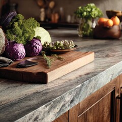 Fresh Vegetables Arranged on a Wooden Cutting Board in Kitchen