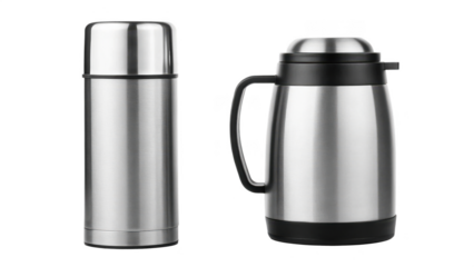 Two metal thermos isolated on transparent background for hot and cold drinks