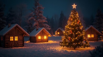 Christmas Eve atmosphere in the village    several small wooden houses with bright yellow lights and  fir trees  with twinkling lights ,  landscape image size