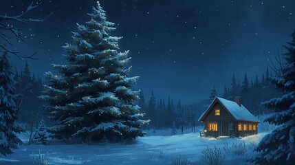 Christmas Eve atmosphere with a pine tree decorated with twinkling lights, small wooden houses with bright yellow lights, landscape image size